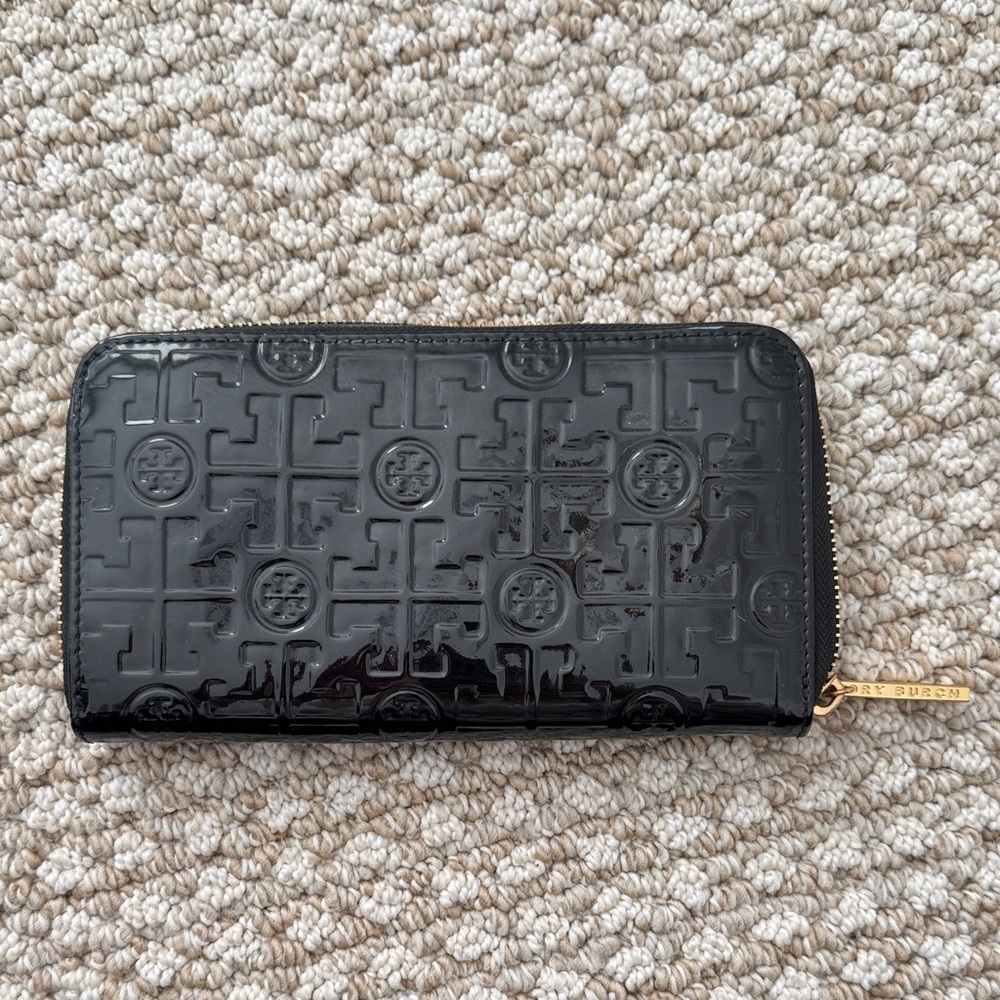 Tory Burch Black Embossed Wallet with Gold Zipper